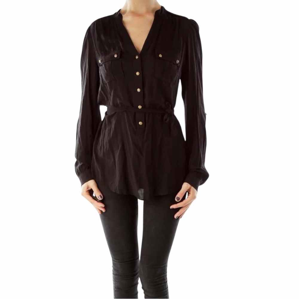 Odille Black Long Sleeve Roll Tab button Front Blouse Shirt Top size 2